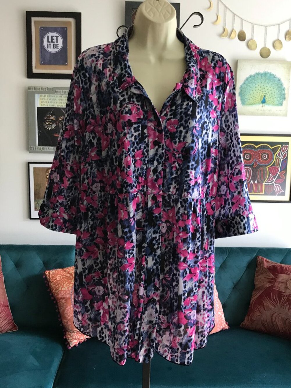 STYLE & CO size 2X Blue Pink Floral Cheetah Print Button Front Nylon Mesh Tunic
